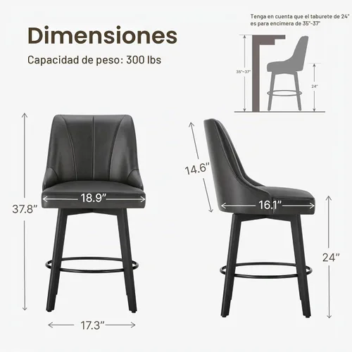 Vista 2 de KISLOT Juego de 2 taburetes giratorios de bar, altura de mostrador de 24 Piel sintética negra