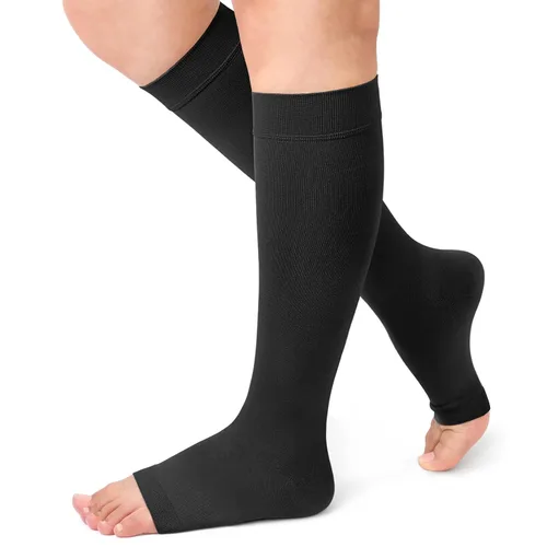 Vista 8 de Beister Calcetines de compresión médica para mujeres y hombres, puntera abierta hasta la rodilla, pantorrilla alta, medias firmes de apoyo graduado