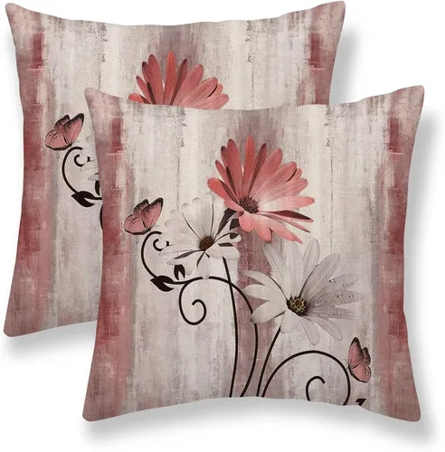 Vista 26 de Juego de 2 fundas de almohada florales de color salvia de 16 x 16 pulgadas, fundas de almohada decorativas con flores de margarita y mariposas