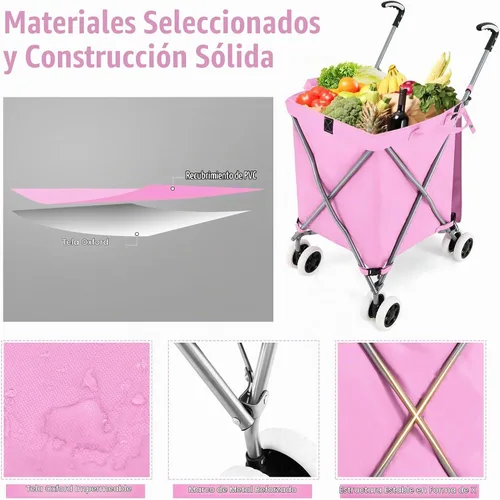 Vista 8 de GOFLAME Carrito de compras plegable con ruedas, carrito de comestibles impermeable con cubierta extraíble y ruedas giratorias de 360°, carrito Rosa