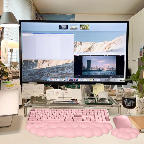 Vista 4 de JIKIOU Reposamuñecas de cuero mejorado para teclado, mouse y almohadilla 05rosa