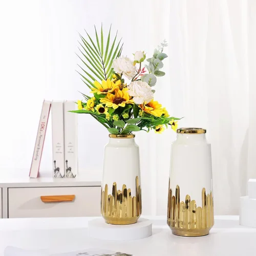 Vista 6 de Jarrón grande de cerámica blanca con detalles chapados en oro de 11 pulgadas de alto, florero decorativo para sala de estar, decoración moderna