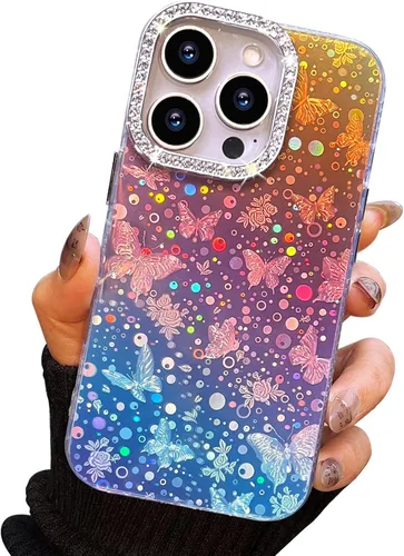 Vista 10 de I-MGAE-IN-AR Funda compacta para iPhone 11, diseño de mariposa, marco de protección de lente de cámara con diamante 3D, bonitas fundas protectoras