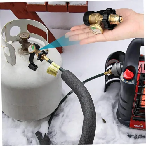 Vista 6 de Adaptador de tanque de propano de 100 libras con medidor de propano, ajuste universal POL, convierte POL a QCC1, latón macizo