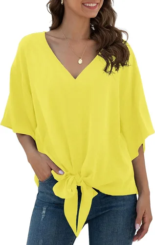 Vista 50 de VIISHOW Womens Tie Front Chiffon Blouses V Neck Batwing Short Sleeve Summer Tops Shirts Albaricoque