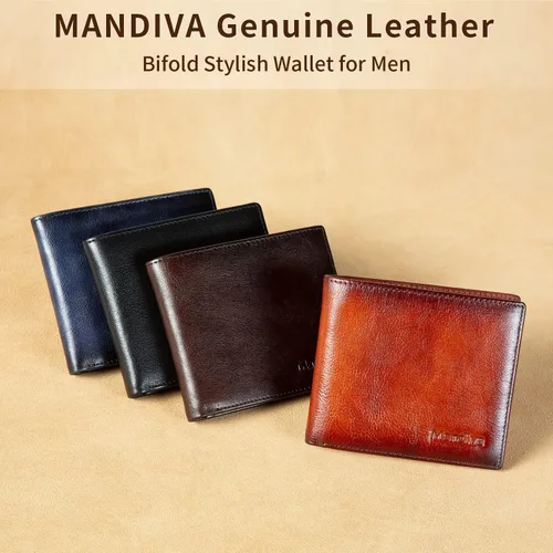 Vista 2 de Cartera de piel auténtica para hombre, con bloqueo RFID, plegable, elegante, con 2 ventanas de identificación, Marrón, Minimalista