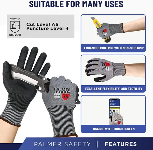 Vista 2 de Palmer Safety Guantes de trabajo de resistencia al corte I ANSI A5 Guantes de corte con revestimiento de nitrilo arenoso, pantalla táctil y agarre