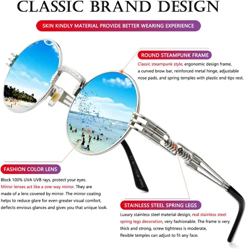 Vista 5 de AIEYEZO Gafas de sol redondas steampunk Circle Lennon Hippie, marco de metal, lente de bloqueo UV 100%