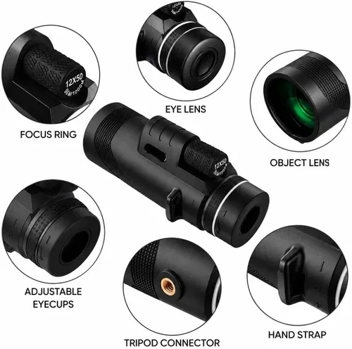 Vista 2 de Telescopio monocular alto de 12 x 50, regalo de cumpleaños para hombres, monocular compacto impermeable con adaptador de teléfono y trípode Negro