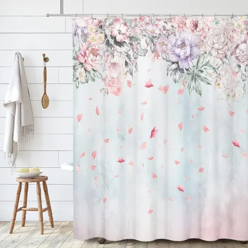 Vista 3 de Tititex Juegos de Cortinas de Ducha de Rosas Lilas Rosadas con Flores, Pétalos Florecientes Ruborizados que Caen, Decorativo de Baño 70x70 Pulgadas