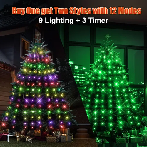 Vista 2 de 12 modos de luces fáciles para árbol de Navidad con anillo para interiores y exteriores, 6.56 pies 12 Lines String 288 LED Timer Dimmable Remote