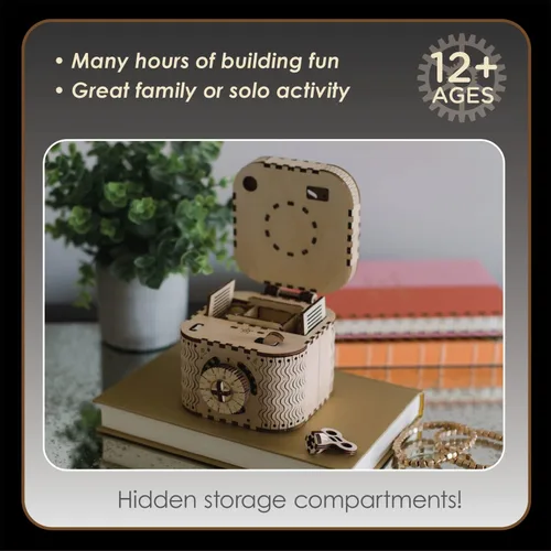 Vista 6 de MindWare Gearjits: Treasure Box - Rompecabezas de construcción 3D de madera de 158 piezas para adolescentes y adultos - Modelo de construcción