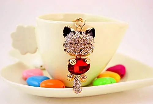 Vista 3 de JewelBeauty Llavero de diamantes de imitación de cristal con diseño de gatito lindo gato de la fortuna (negro y rojo), pastillas de freno