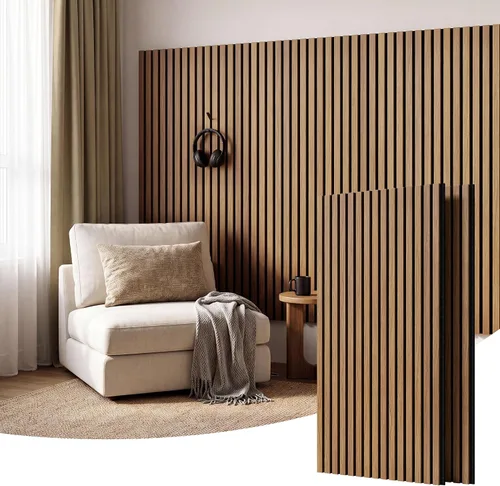 Vista 12 de Amsleekey Paquete de 4 paneles de pared de listones de madera acústica de Teca