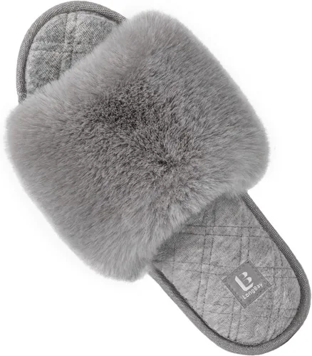 Vista 7 de LongBay Pantuflas mullidas para mujer, cómodas, de espuma viscoelástica, para el hogar, puntera abierta, para interiores y exteriores Negro