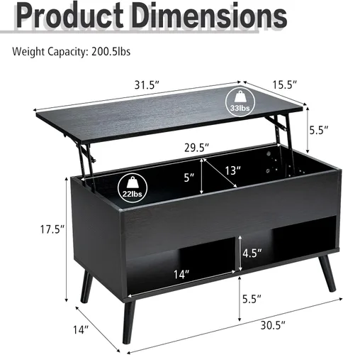 Vista 3 de Tangkula Mesa de centro elevable, mesa de comedor de madera con almacenamiento oculto y 2 estantes abiertos, dispositivo de elevación hidráulica