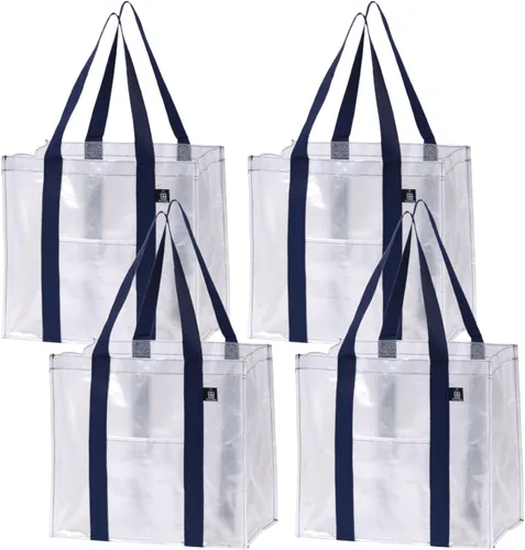 Vista 10 de VENO Paquete de 4 bolsas de comestibles reutilizables de Navidad, bolsas de compras resistentes con asas, para carrito de compras con parte inferior