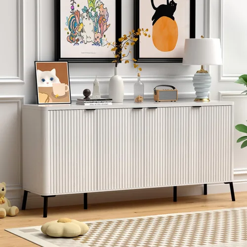 Vista 10 de Armario buffet, aparador grande de 63 pulgadas con almacenamiento, aparador moderno acanalado con 4 puertas, gabinete de almacenamiento de madera