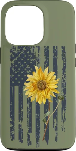 Vista 10 de iPhone 16 Yellow Sunflower Patriotic US American Flag Women Sage Green Case