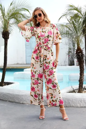 Vista 4 de Love Welove Fashion - Overol para mujer, diseño floral, hombros descubiertos, con volantes, manga corta, cintura alta, pantalones de pierna ancha