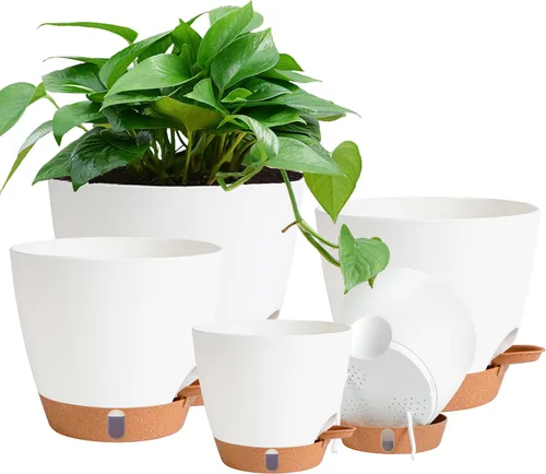 Vista 21 de Paquete de 5 macetas de riego automático de 6 pulgadas para plantas de interior, macetas pequeñas de plástico con indicador de nivel de agua