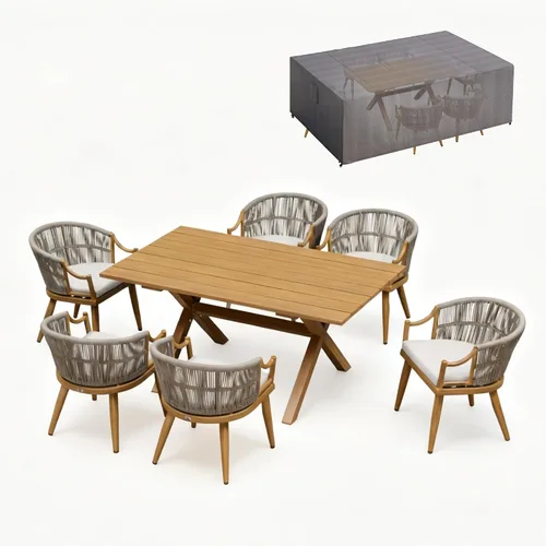 Vista 16 de PURPLE LEAF Juego de comedor de patio para 6 respaldos ergonómicos y cojín Champán