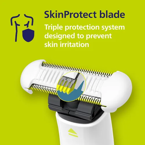 Vista 10 de Philips Norelco OneBlade Intimate, diseñada para el aseo púbico, recorte y afeitado con protección extra para la piel, Modelo QP1924/70