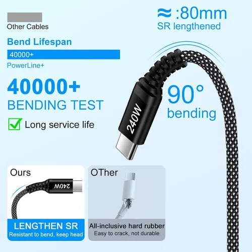 Vista 5 de Cable de carga para Samsung de 6 pies, 240 W, USB C a USB C, cable de carga súper rápida para Samsung Galaxy S26 Ultra Plus Z Flip 7 FE Z Fold 7 S25