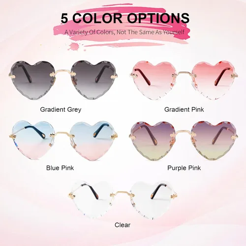 Vista 6 de Gafas de sol sin montura con forma de corazón para mujer, gafas de sol grandes y modernas con marco de metal