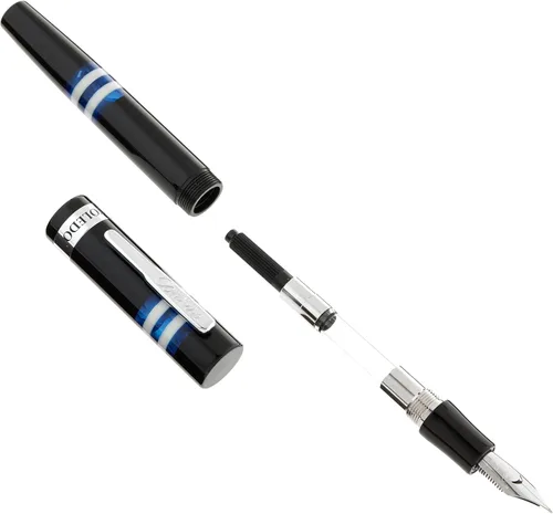 Vista 2 de Conklin Toledo - Pluma estilográfica en negro con segmentos de anillo azul y blanco, punta media, pluma estilográfica de lujo con detalles cromados
