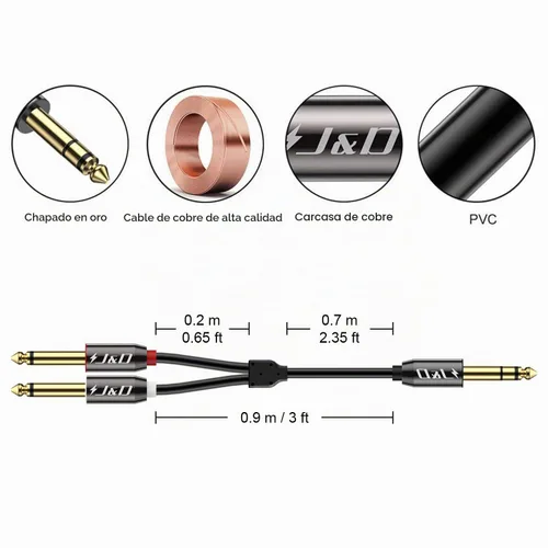 Vista 2 de J&D 1/4 pulgada TRS divisor en Y estéreo insertar cable, carcasa de cobre chapado en oro 6,35 mm TRS macho a doble 6,35 mm TS macho mono cable