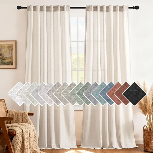 Vista 23 de H.VERSAILTEX Cortinas de lino natural de 63 pulgadas de largo para sala de estar, 2 paneles con trabillas traseras y bolsillo, texturizadas