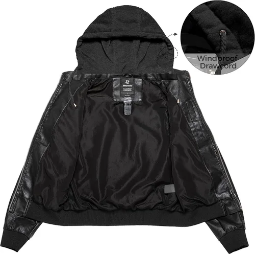 Vista 3 de wantdo Chaqueta de cuero ligera para mujer, estilo casual, con capucha extraíble