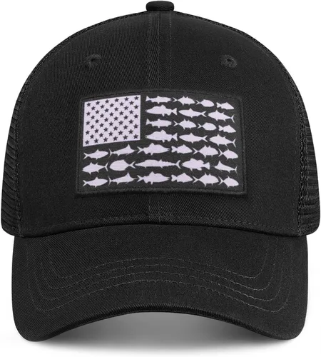 Vista 2 de Sombrero de camionero con bandera de pez estadounidense, regalos de pesca para hombres, sombrero de pesca Snapback perfecto para pesca y uso diario