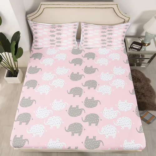 Vista 10 de Castle Fairy Kawaii - Sábana bajera ajustable tamaño individual, diseño de elefante blanco y gris, suave y lujoso, juego de sábanas de dibujos