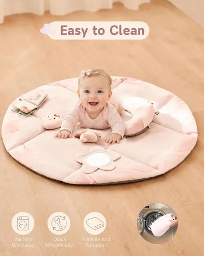 Vista 6 de Fortella Tapete de gimnasio y actividades para bebés, lavable a máquina y plegable, con 5 juguetes desmontables, certificado seguro para recién Rosa