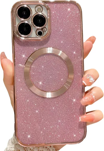 Vista 10 de Compatible con iPhone 13 Pro Max Funda magnética con purpurina, bonita funda transparente chapada de lujo, compatible con MagSafe para mujeres