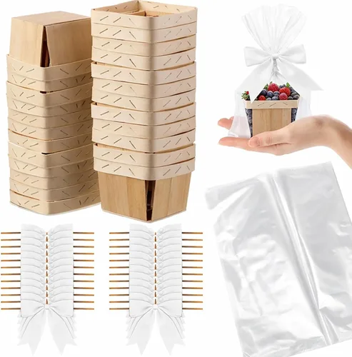 Vista 7 de Kigley Juego de 24 mini cestas de regalo de madera con bolsas de celofán y lazos, kit de cestas pequeñas de bayas vacías de 4 pulgadas