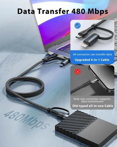 Vista 3 de Cable de carga 4 en 1, adaptador USB C Lightning USB C a USB C 60W PD [carga rápida y sincronización de datos] Cargador múltiple 4 en 1 para iPhone