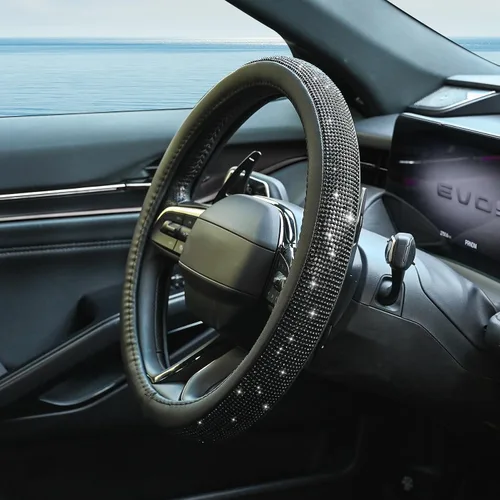 Vista 3 de Nueva funda de volante de cuero con diamantes de imitación brillantes Negro Diamonds