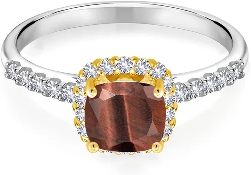 Vista 2 de Gem Stone King Anillo de oro blanco de 10 quilates con ojo de tigre rojo de 1.72 quilates con puntas de oro amarillo