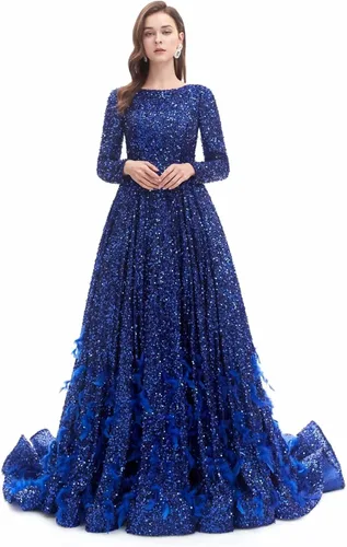 Vista 2 de Women's Sequin Long Sleeves Formal Evening Dress Luxurious Chapel Train Prom Party Gown Silver