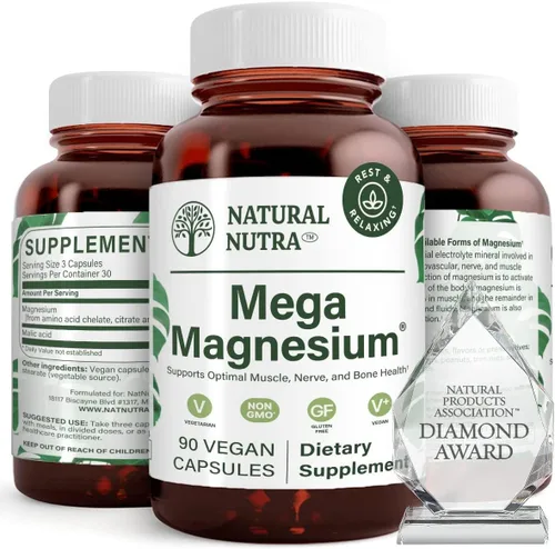 Vista 7 de Natural Nutra Suplemento de mega magnesio de aminoácidos malato, quelato, citrato, mejora la fuerza ósea 400 mg, 90 cápsulas