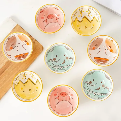 Vista 7 de Juego de 4 cuencos de cerámica pintados a mano con patrón de dibujos animados con caja de regalo, ideal para cereales, ensaladas, arroz, pasta