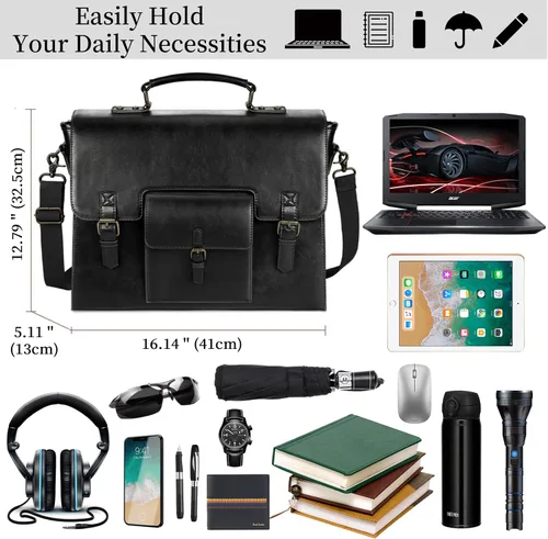 Vista 6 de Bolsa de mensajero de cuero para hombres y mujeres, 15.6 pulgadas, impermeable, de cuero vintage, maletín para laptop, bolso de hombro grande, bolsa