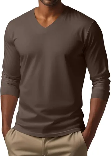 Vista 2 de Camiseta para hombre, manga larga, cuello en V, color liso, informal, básica, suave, elástica, M-3XL