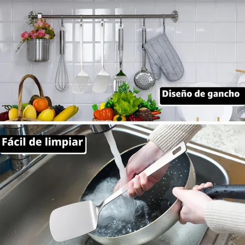Vista 6 de Juego de utensilios de cocina de acero inoxidable, 4 piezas, espátula ranurada, espátula sólida, espumadera y cucharón, resistente al óxido, mango