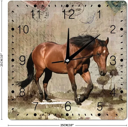 Vista 2 de Reloj de pared de madera moderno de estilo rústico vintage de 10 x 10 pulgadas, funciona con pilas, silencioso, sin tictac, patrón de caballo