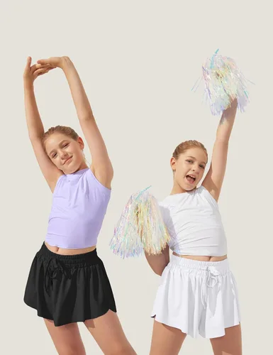 Vista 4 de Ewedoos Pantalones cortos holgados 2 en 1 para niñas, pantalones cortos atléticos de mariposa, talla 10-12, lindos pantalones cortos de moda