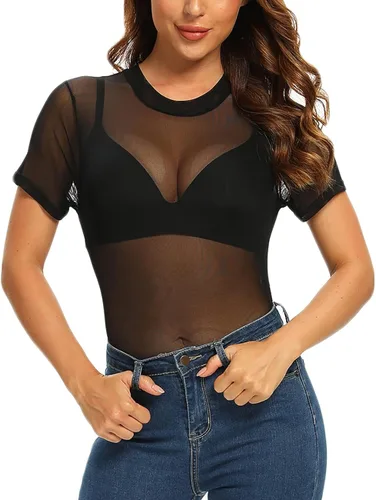 Vista 6 de MAYFASEY - Body ajustado de manga larga para mujer con malla transparente y sexy